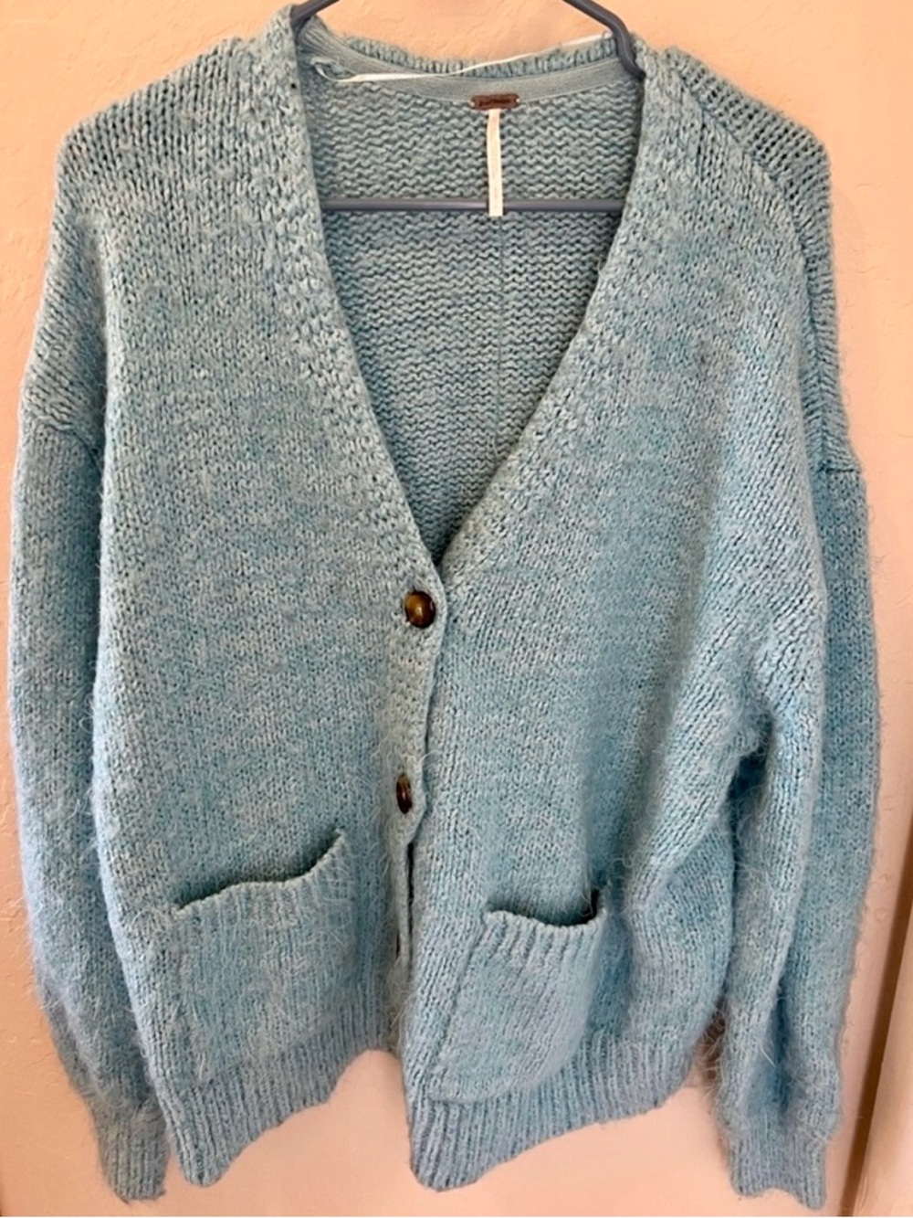 Free People Light Blue V-Neck Button Cardigan